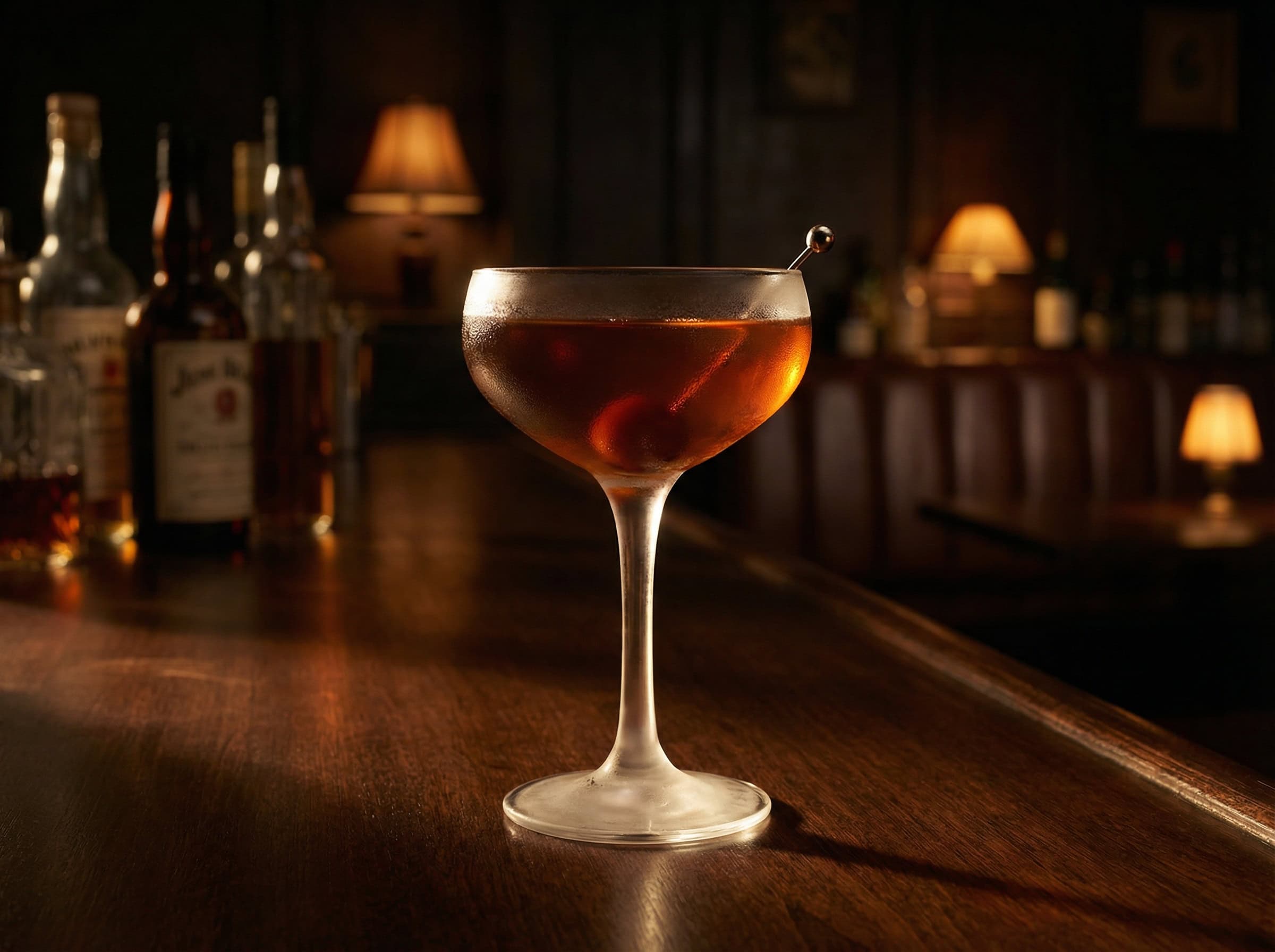 Manhattan cocktail trong ly coupe với cherry Luxardo — cocktail spirit-forward xếp hạng #1 thế giới