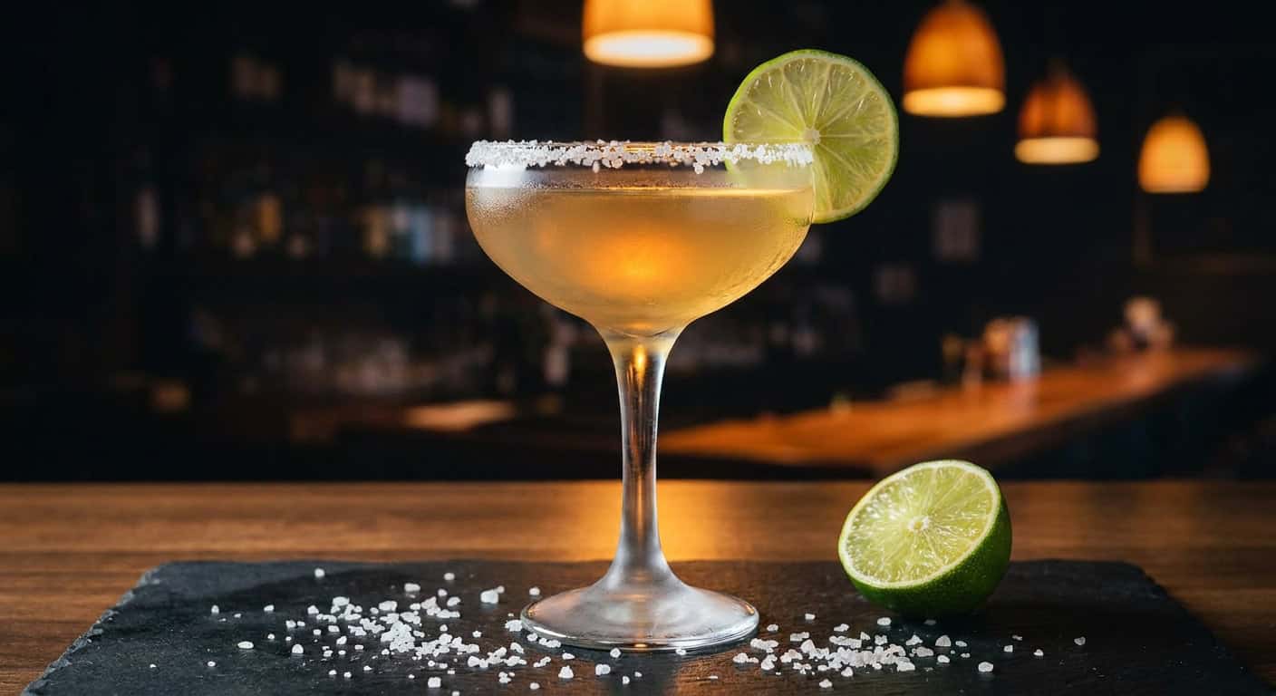 Margarita cocktail cổ điển trong ly coupe với viền muối và lát chanh tươi