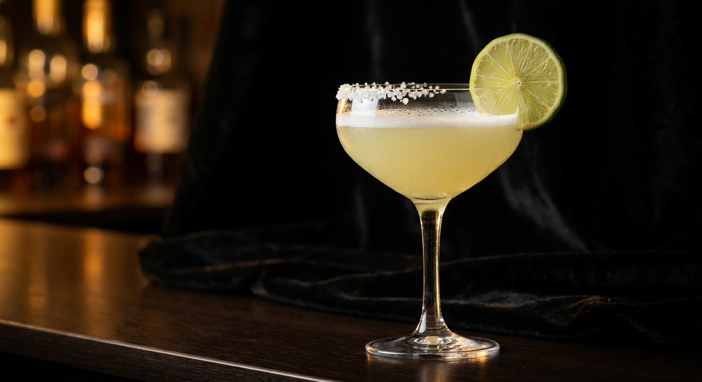 Margarita cổ điển chuẩn IBA tỷ lệ 10:4:3 trong ly coupe viền muối Maldon, một lát chanh xanh nằm trên vành ly