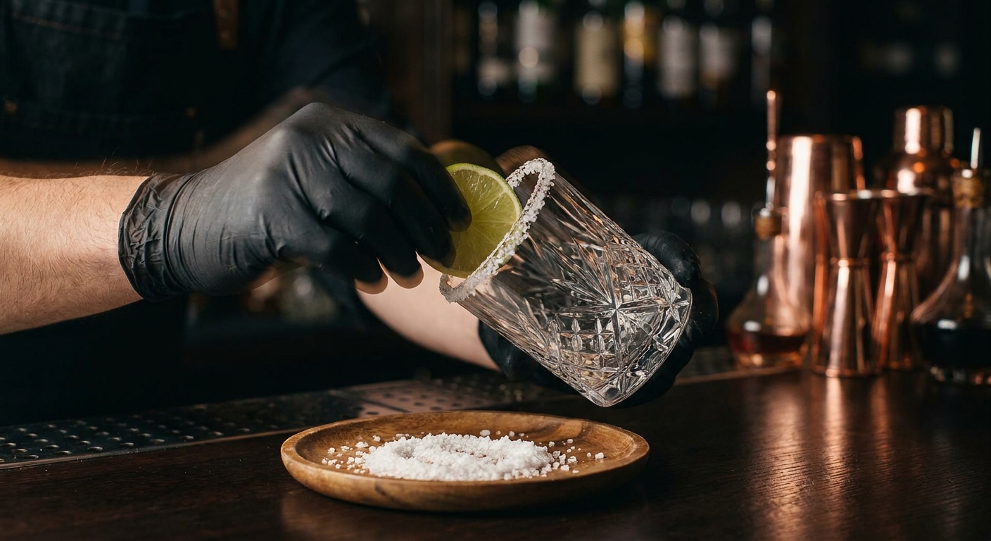 Kỹ thuật viền muối Margarita cổ điển - chà chanh quanh miệng ly rồi nhúng vào đĩa muối