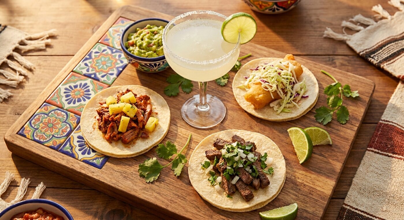 Bàn tiệc Mexico chuẩn bar với Margarita cổ điển viền muối và 3 loại tacos al pastor, pescado, carne asada trên đĩa gỗ mộc