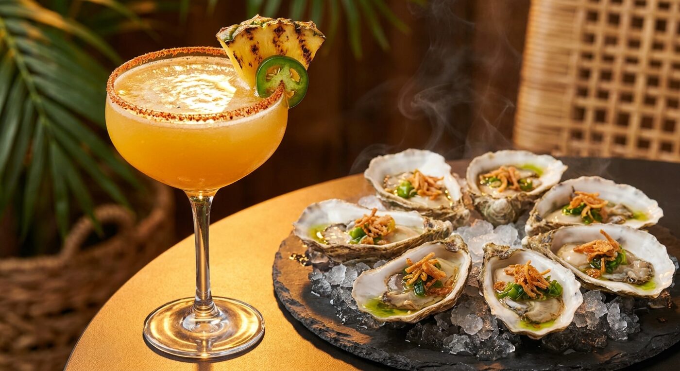 Margarita trái cây và hải sản hero: Pineapple-Jalapeño Margarita pair hàu nướng mỡ hành