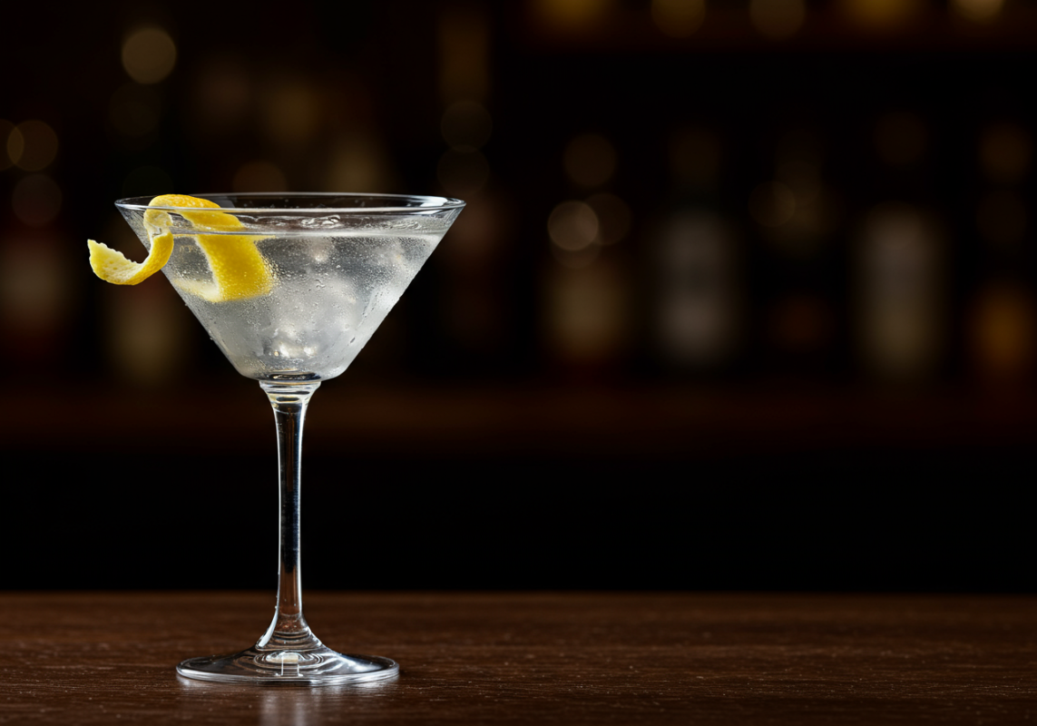 Martini cổ điển IBA — gin London Dry, dry vermouth, khuấy với đá, garnish lemon twist trong ly coupe lạnh