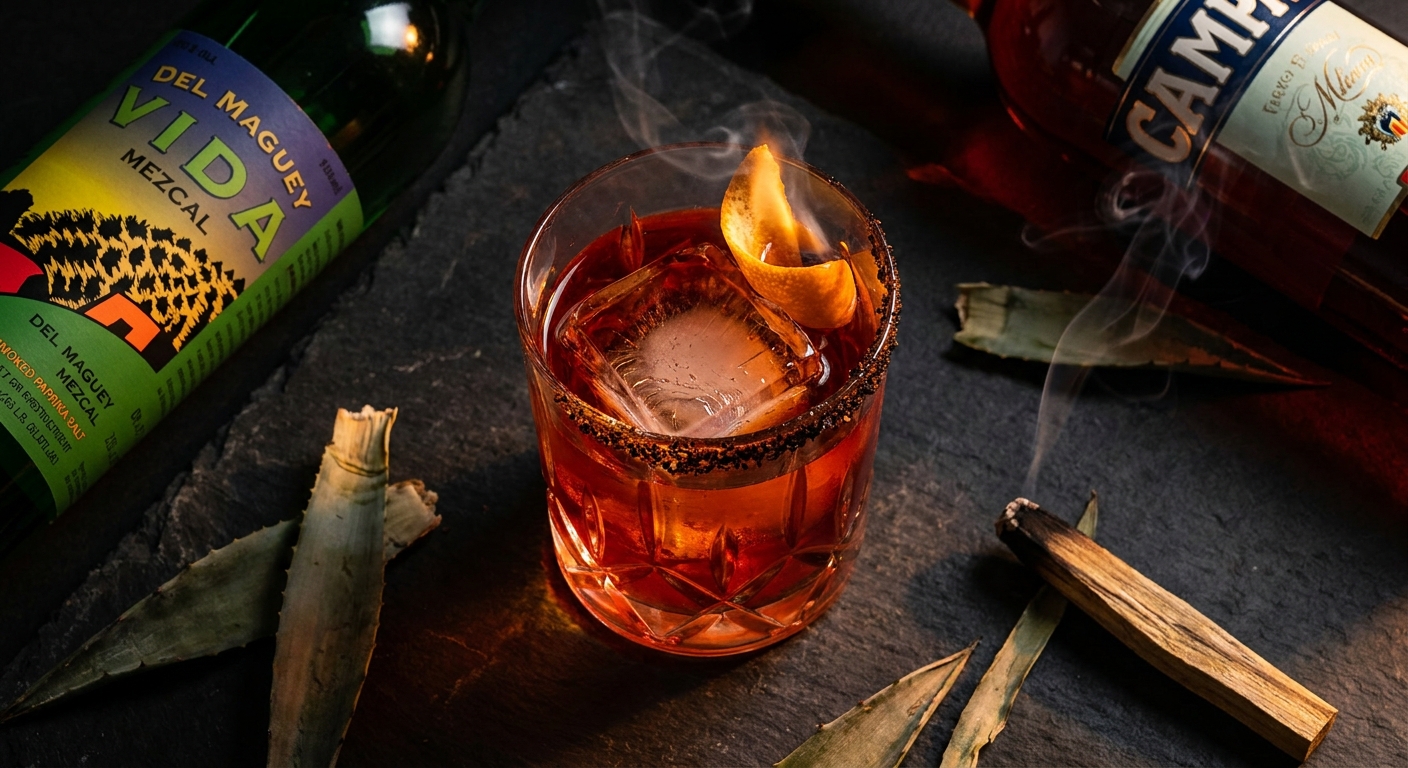 Mezcal Negroni Margarita flat-lay với Del Maguey Vida, Campari, vỏ cam flambé và smoke mist aromatic từ palo santo Connaught Bar style