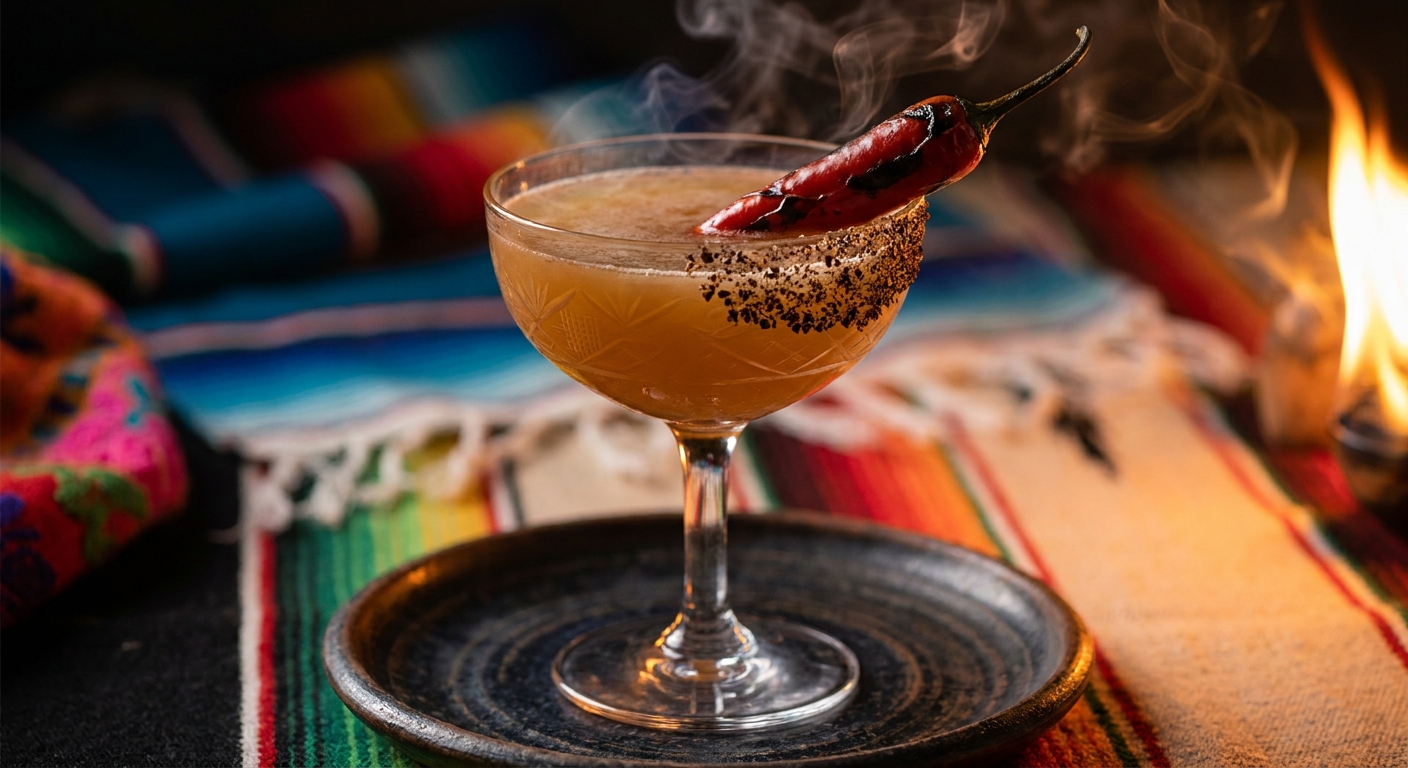 Oaxaca Nocturna mezcal Margarita smoky với vành muối gusano và ớt nướng