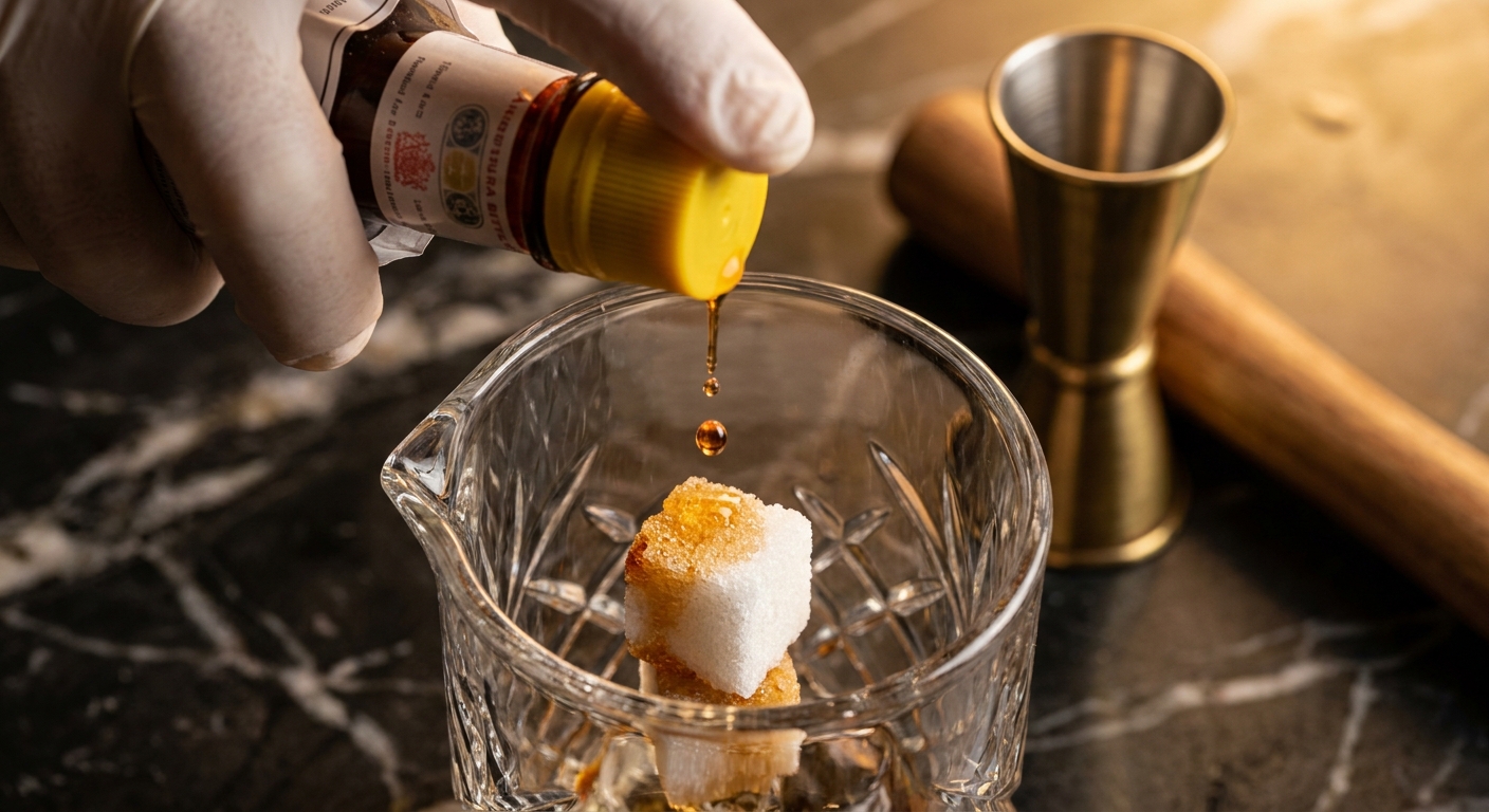Dashing Angostura bitters lên sugar cube trong mixing glass Yarai — bước muddle kỹ thuật Kappeler 1895