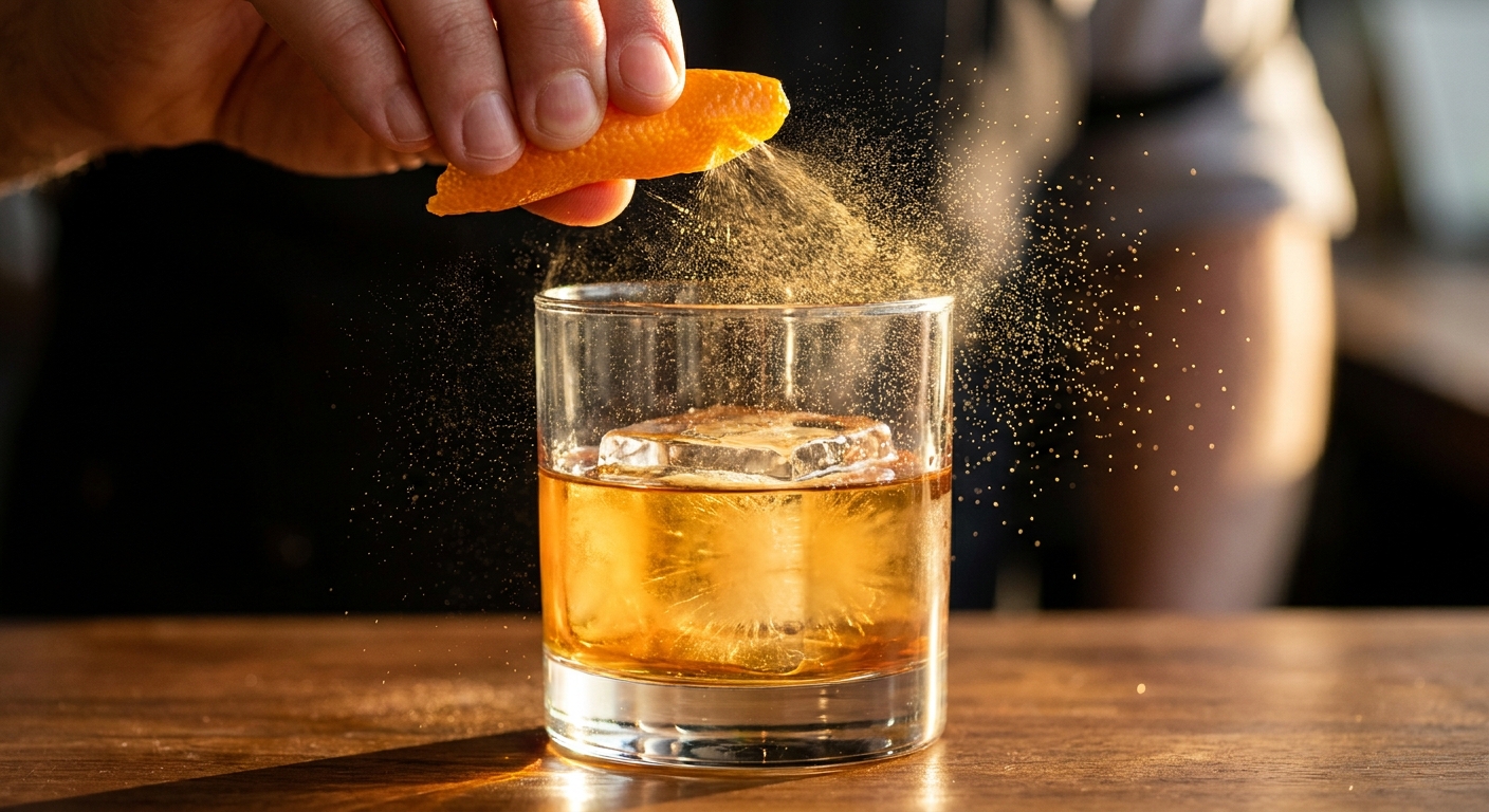 Expressed orange peel trên Old Fashioned cổ điển — d-limonene aroma layer