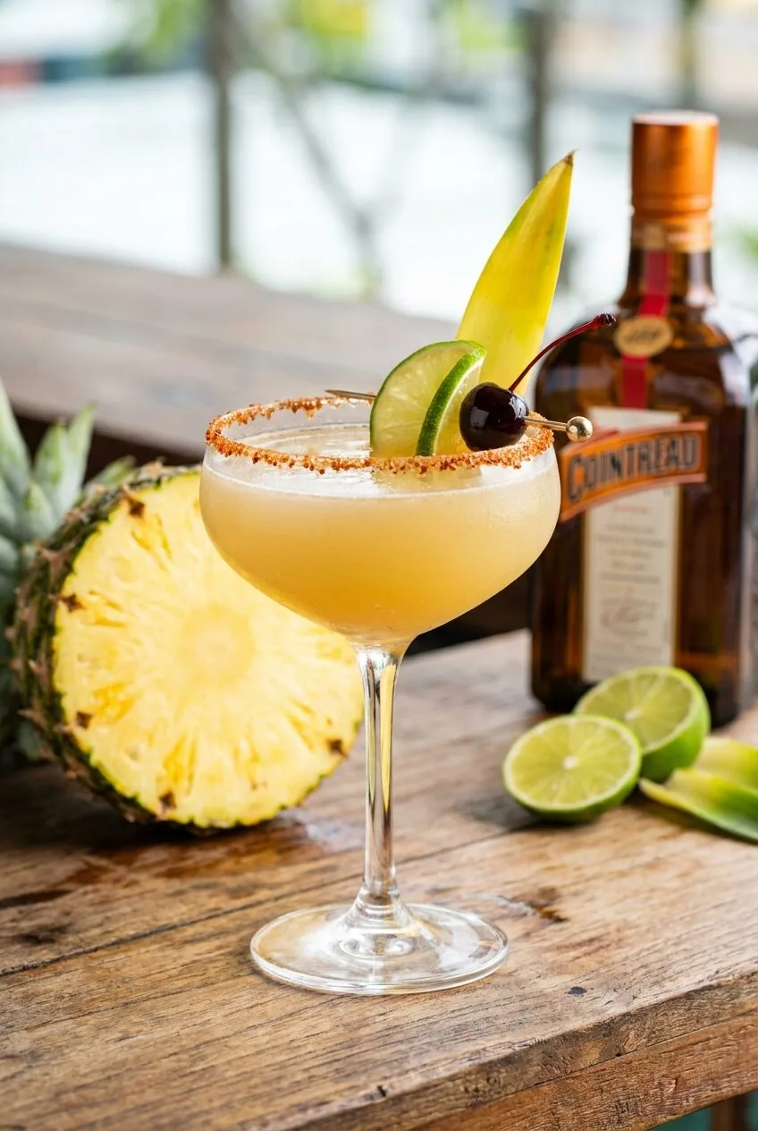 Piña Margarita Vietnam edition với dứa Queen Nam Bộ tươi, viền muối Tajin ớt Tây Ninh và Luxardo cherry