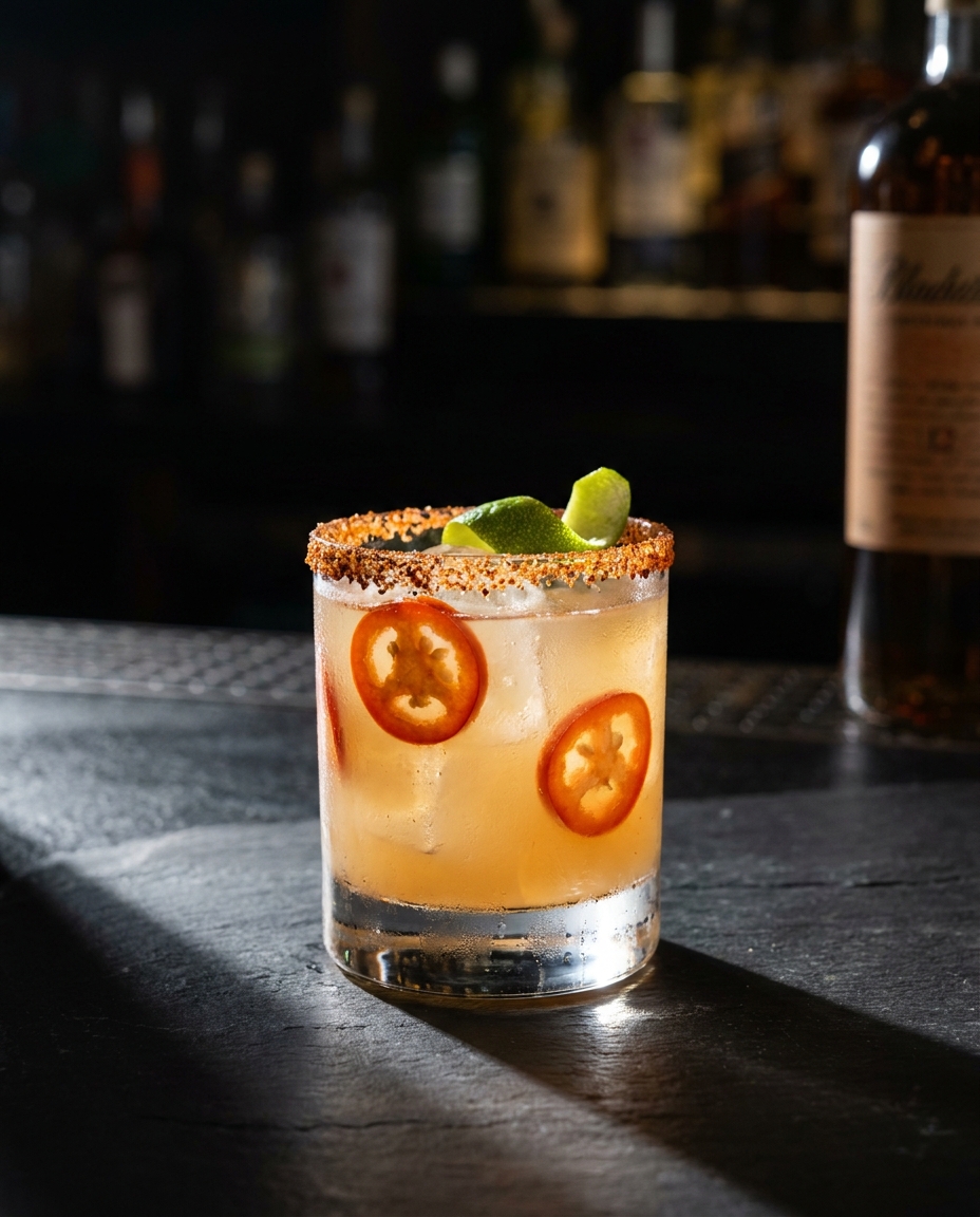 Margarita cay viền Tajín với lát jalapeño và twist vỏ lime — phong cách chuẩn bar 2026