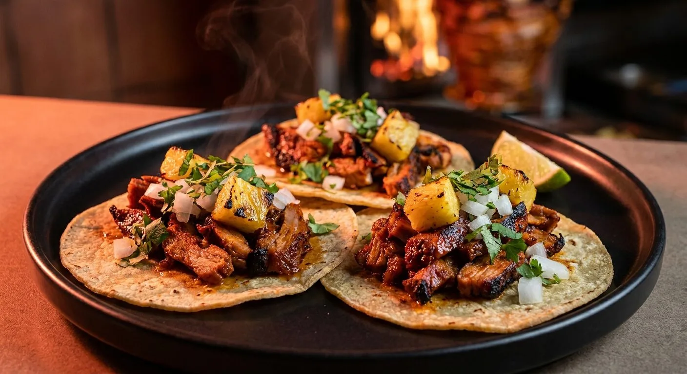 Tacos al pastor cận cảnh với thịt heo ướp achiote nướng trompo, dứa cháy cạnh và ngò rí tươi — trung tâm tiệc Margarita Mexico