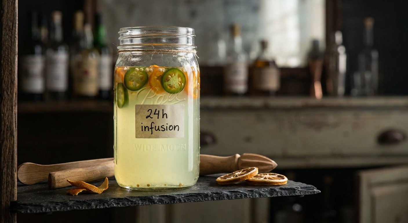 Bình tequila ngâm ớt jalapeño và habanero — kỹ thuật chile-infusion 24–36 giờ theo Fick's Law