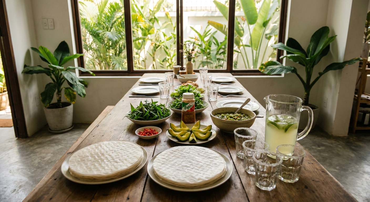Set up tiệc Margarita + tacos tại nhà Sài Gòn với nguyên liệu thay thế Việt: bánh tráng, ớt hiểm, ngò rí, bơ Đà Lạt và batch Margarita 2L