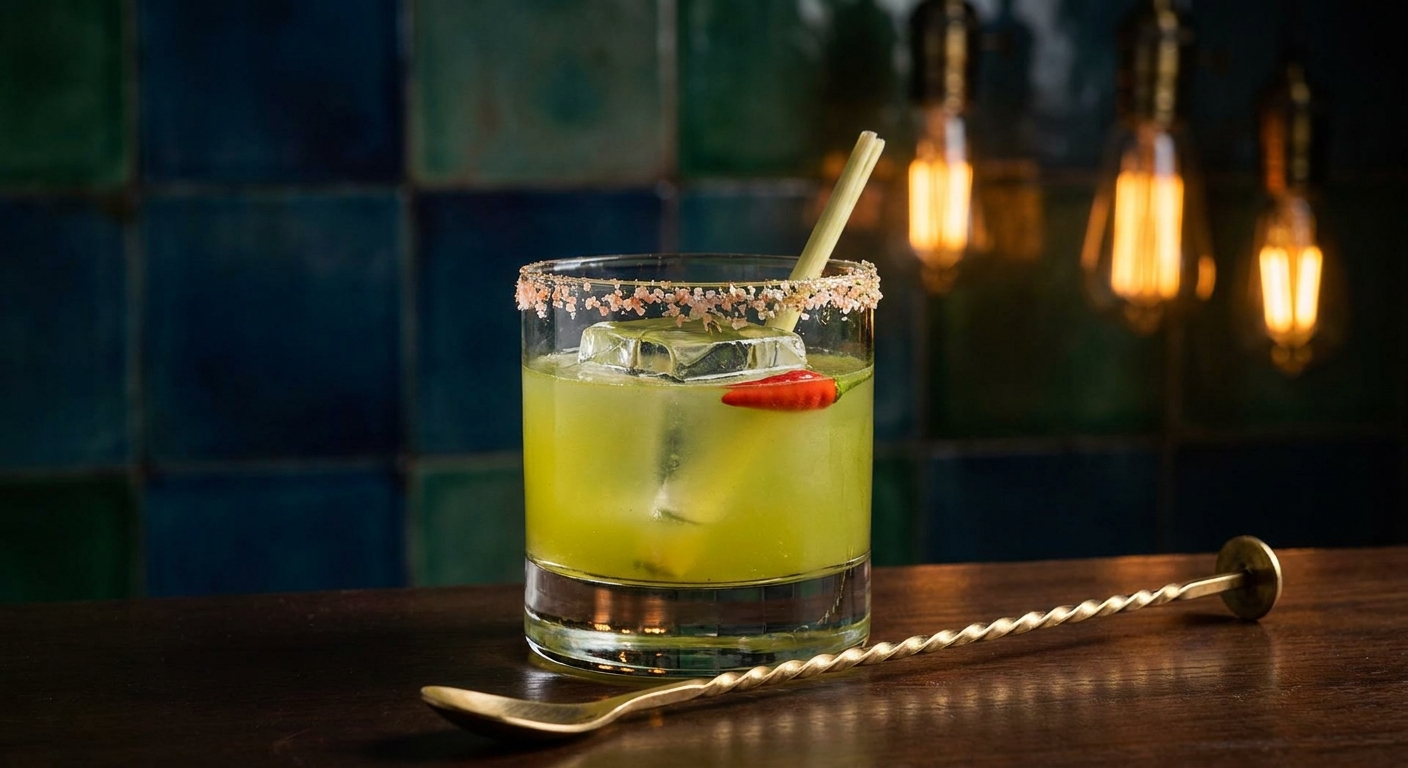 Ớt Hiểm-Sả Margarita Việt Nam signature 2026 với ớt hiểm tươi và sả trong ly rocks