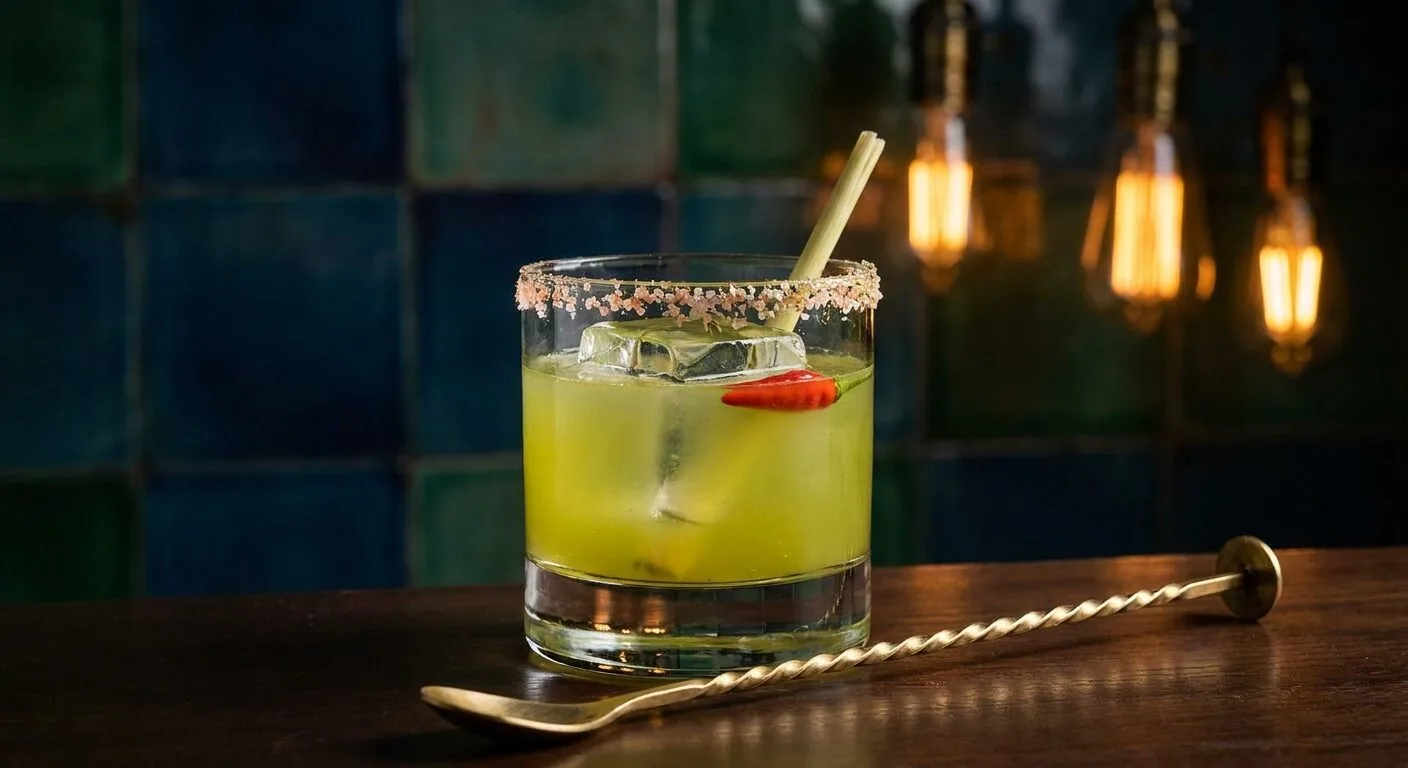 Ớt Hiểm-Sả Margarita Việt Nam signature 2026 với ớt hiểm tươi và sả trong ly rocks