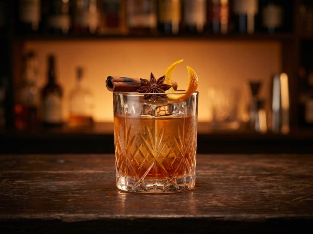 Winter Spiced Old Fashioned trong ly rocks với đá king cube, garnish quế và hoa hồi trên nền bar tối ấm