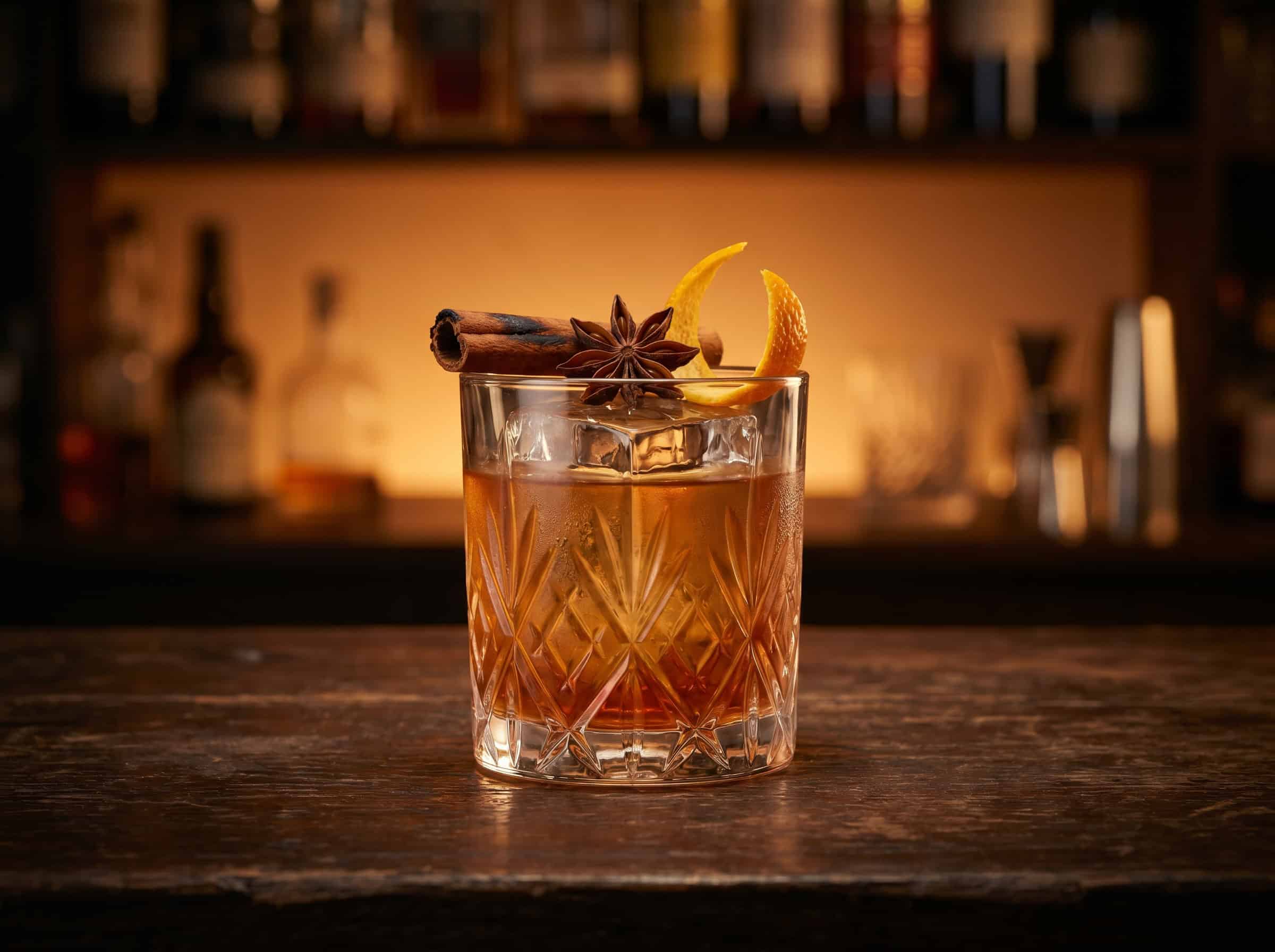 Winter Spiced Old Fashioned trong ly rocks với đá king cube, garnish quế và hoa hồi trên nền bar tối ấm