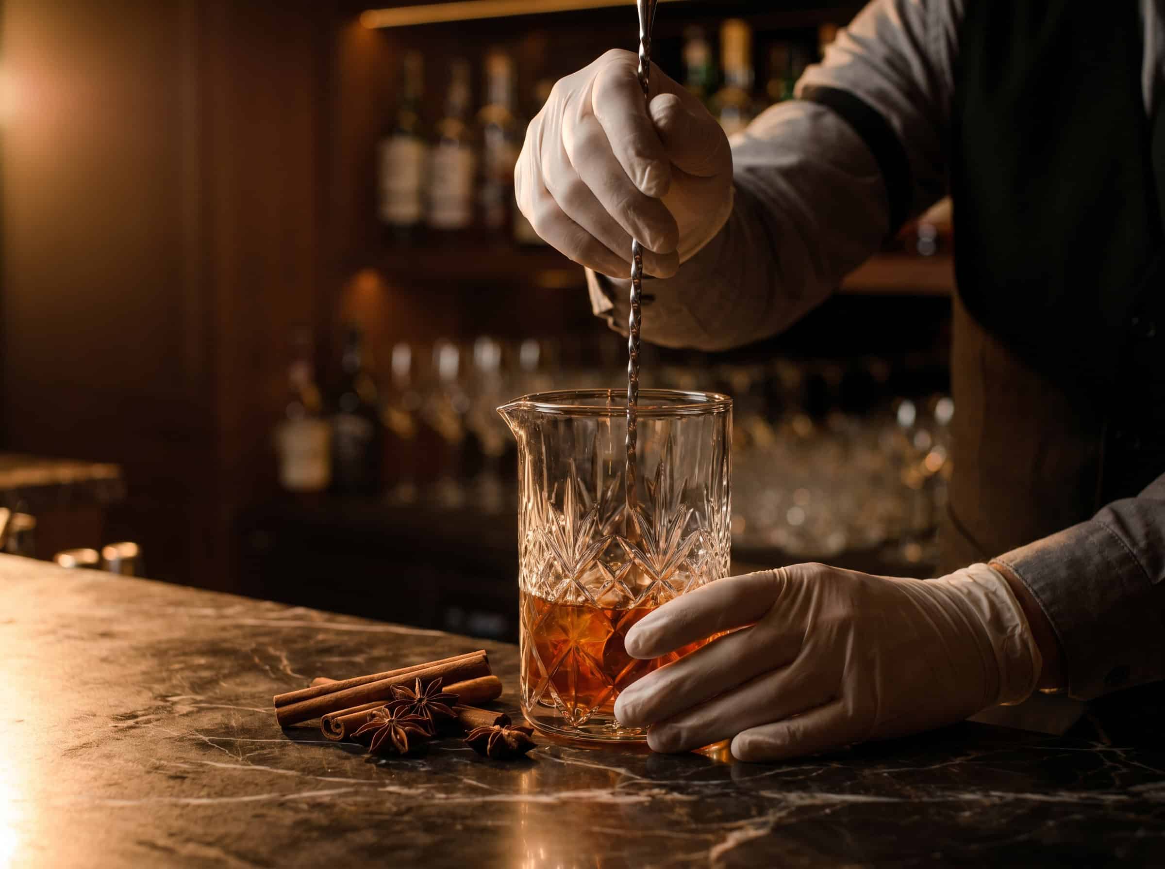 Kỹ thuật stir Winter Spiced Old Fashioned trong mixing glass với bar spoon trên quầy bar đá marble