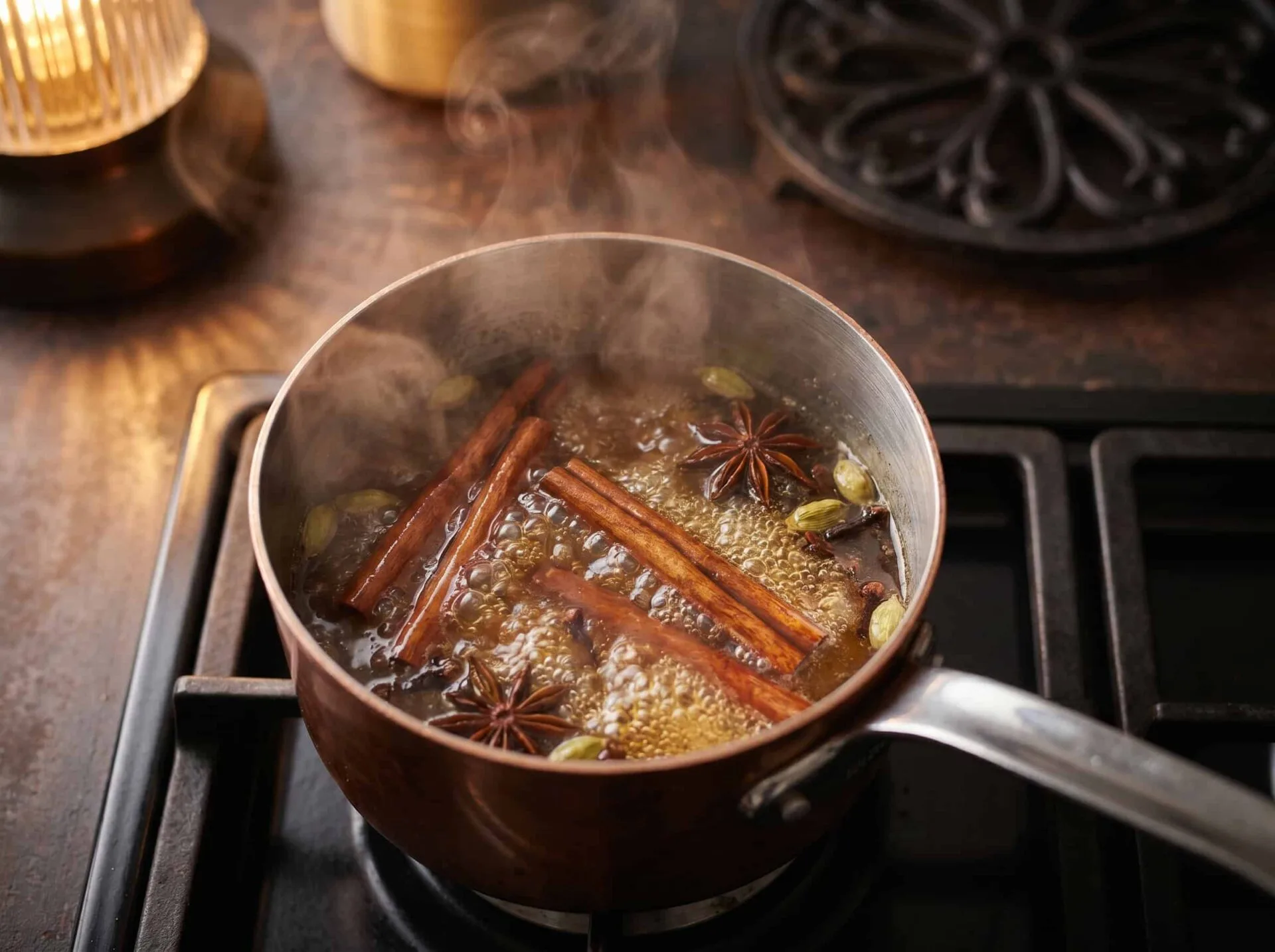 Spiced syrup đang nấu trong nồi với quế, hồi, đinh hương và thảo quả — nguyên liệu Winter Spiced Old Fashioned
