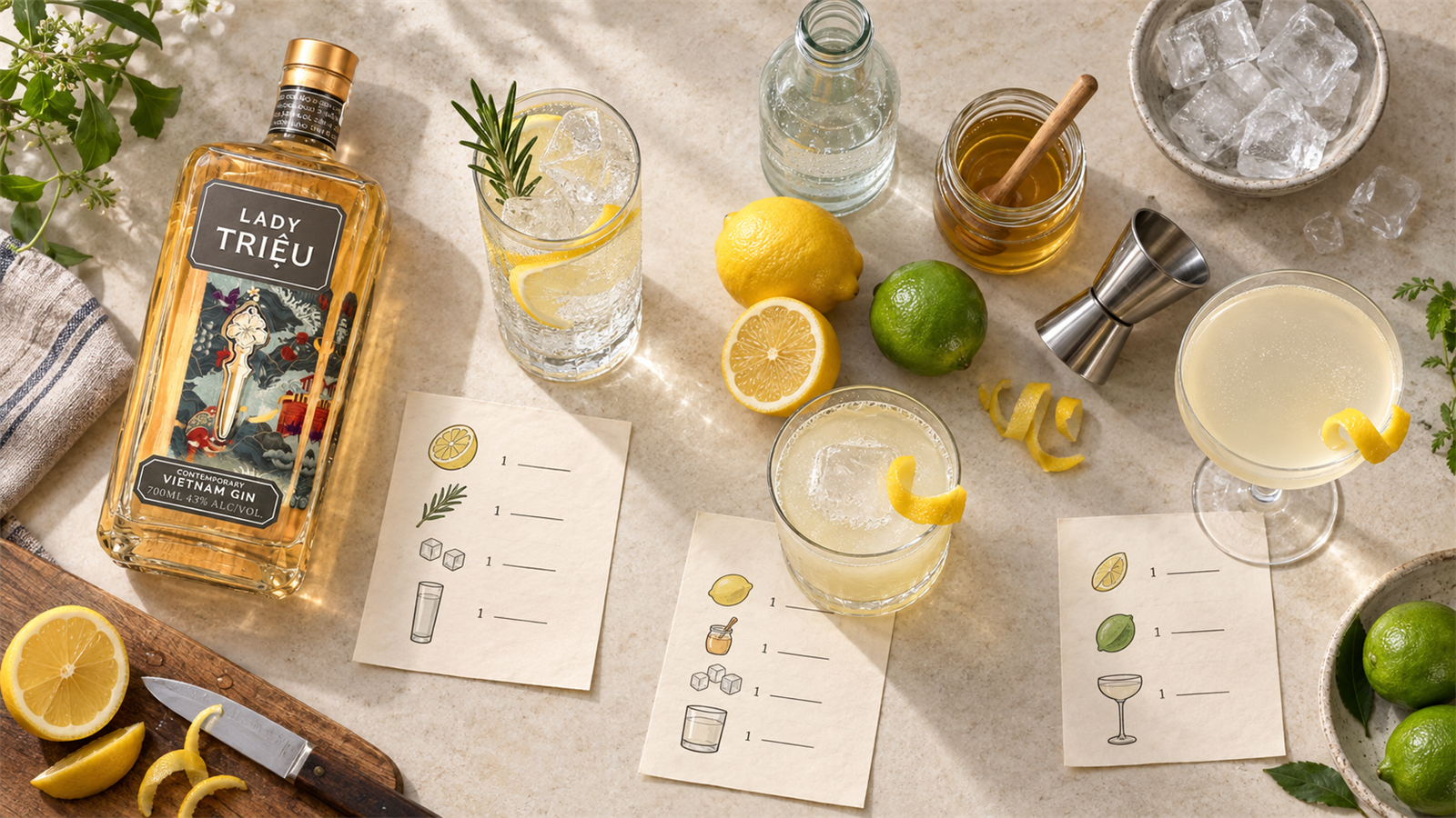 Một chai Lady Triệu Gin bên ba ly cocktail, thẻ công thức, chanh, mật ong, đá và dụng cụ pha chế nhìn từ trên xuống