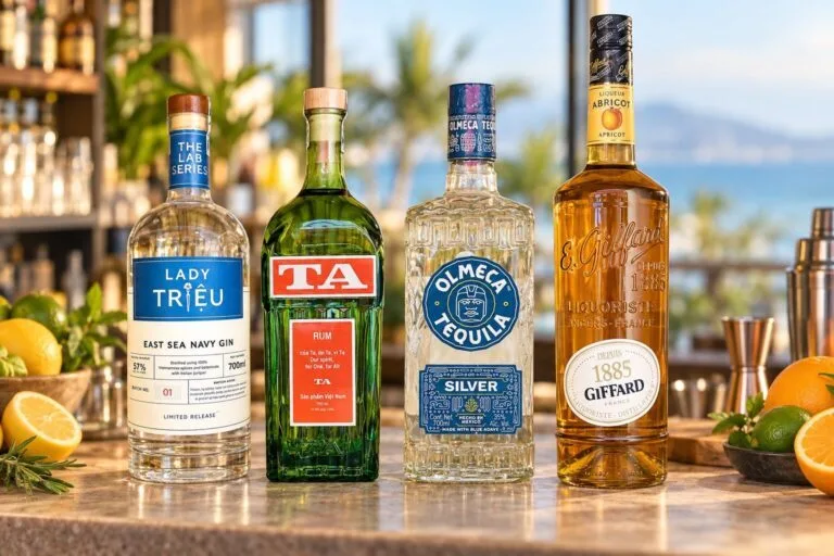 Bốn chai Lady Triệu East Sea Navy Gin, TA Rum, Olmeca Silver và Giffard Apricot Brandy trên quầy cocktail