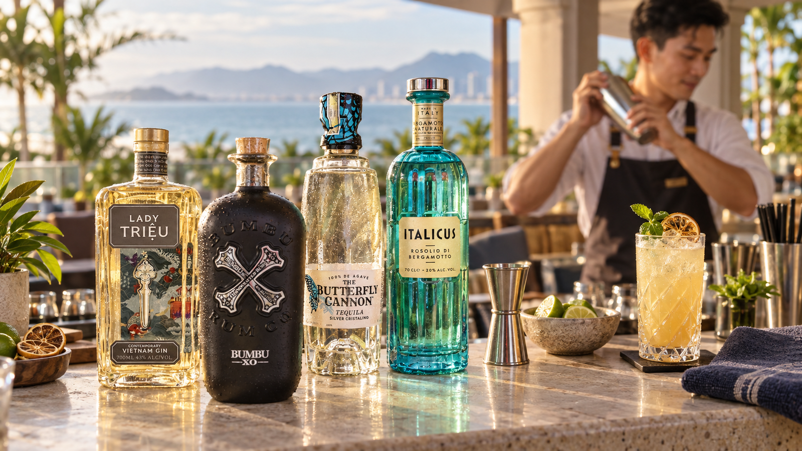 Lady Triệu Gin, Bumbu XO, Butterfly Cannon Tequila và Italicus trên quầy cocktail khách sạn ven biển Đà Nẵng