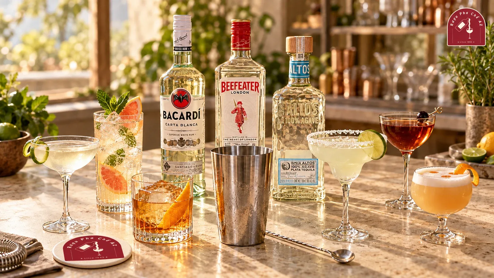 Bacardi White, Beefeater và Olmeca Altos bên sáu kiểu ly cocktail trên quầy pha chế