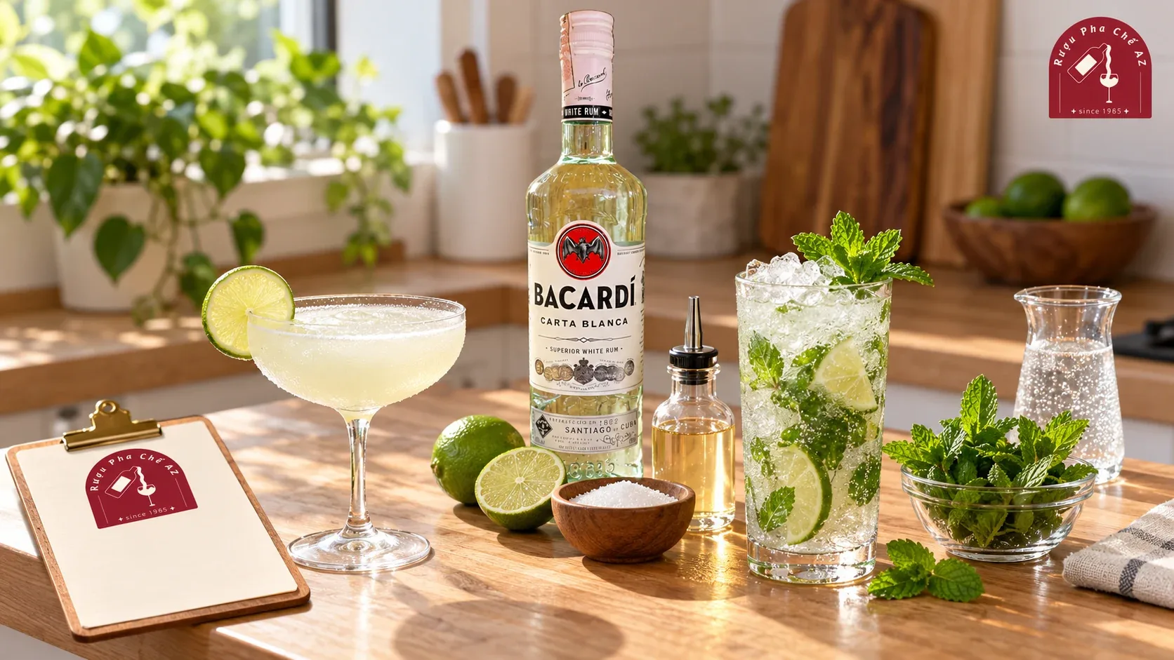 Một chai Bacardi White bên ly Daiquiri, Mojito và các nguyên liệu dùng chung