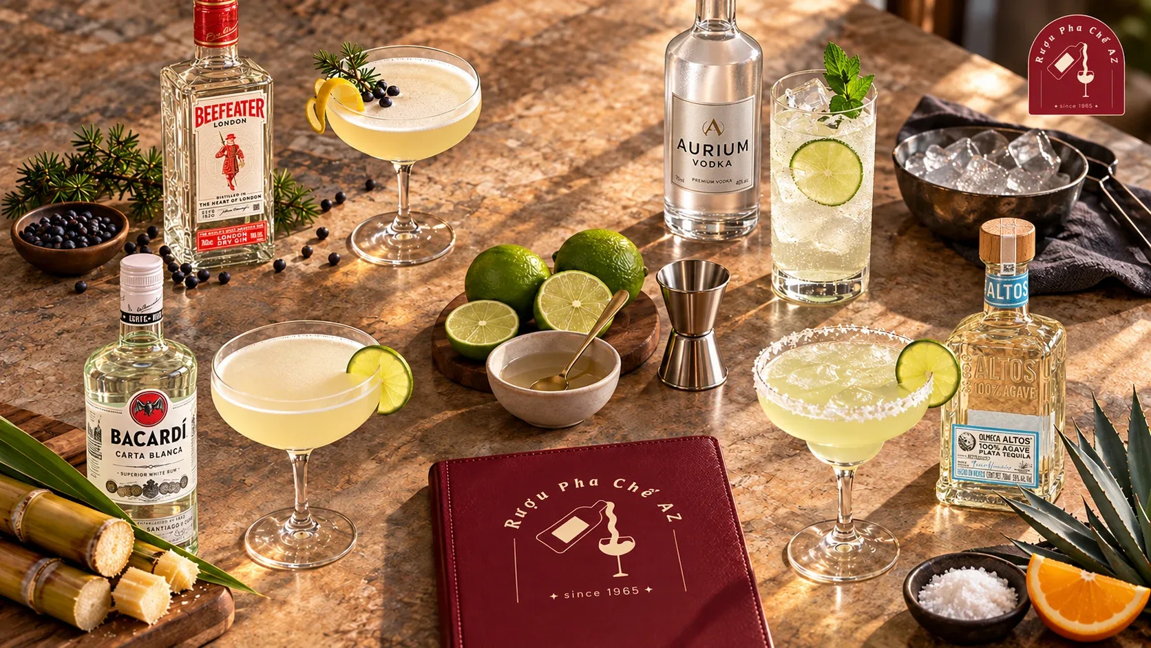 Beefeater Gin, Bacardi White Rum, AURRUM Vodka và Olmeca Altos Tequila bên các kiểu cocktail tương ứng