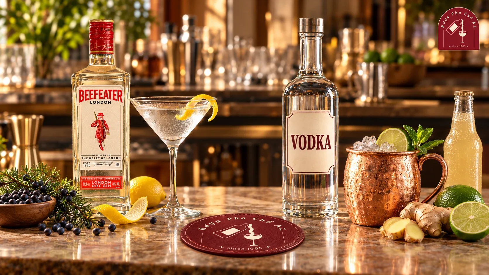 Beefeater Gin và chai Vodka bên Dry Martini và Moscow Mule