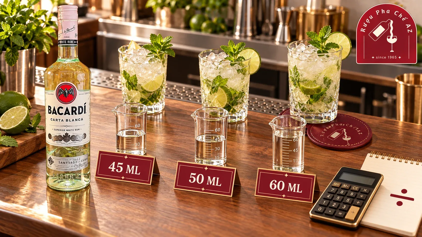 Chai Bacardi White cùng ba mức định lượng 45 ml, 50 ml và 60 ml trên quầy pha chế