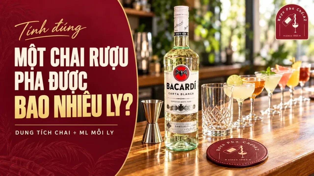 Một chai Bacardi White pha được bao nhiêu ly cocktail khi tính theo dung tích chai và ml mỗi ly
