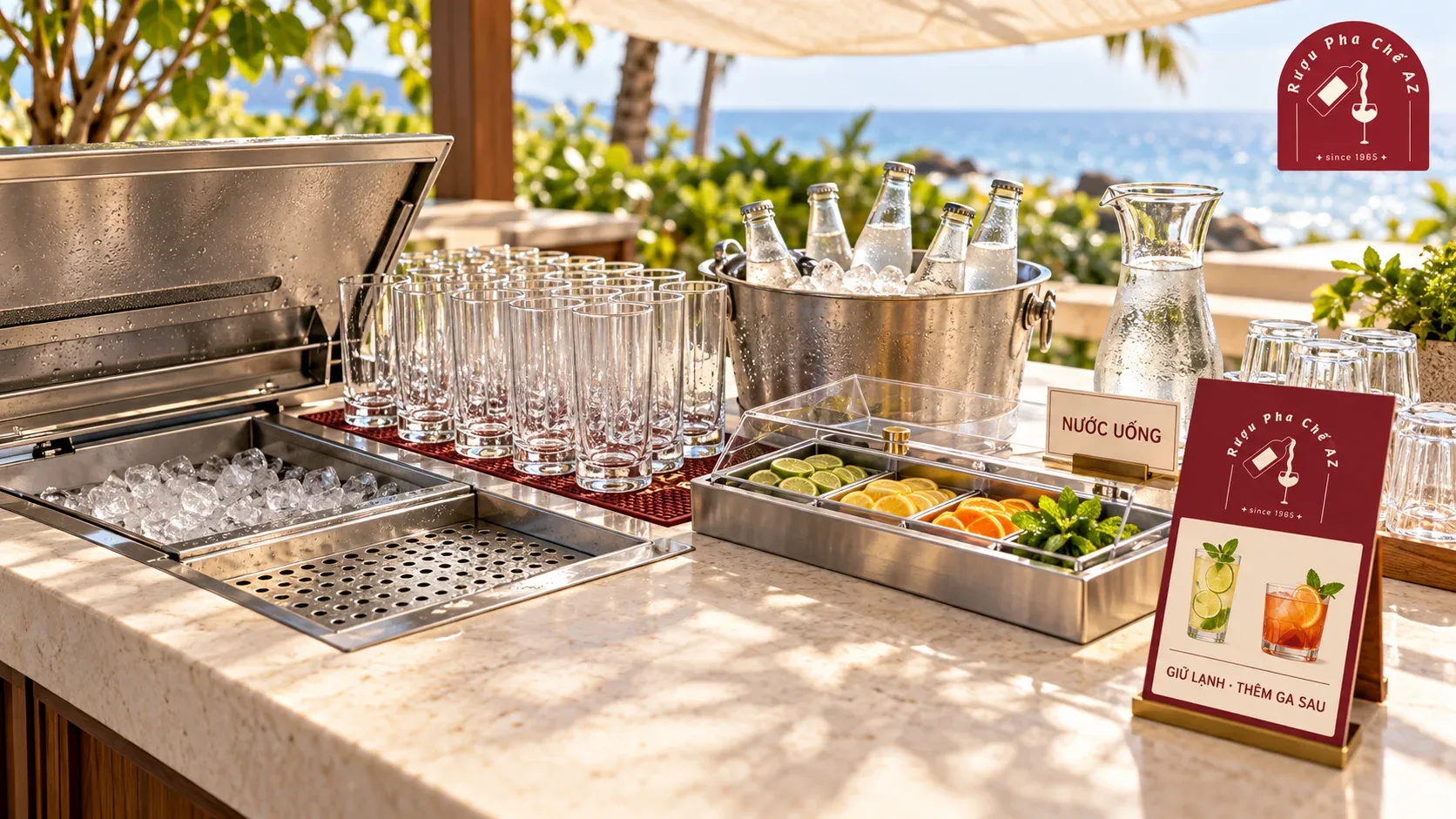 Quầy cocktail ngoài trời có mái che, khay đá thoát nước, ly lạnh, soda lạnh và bình nước riêng