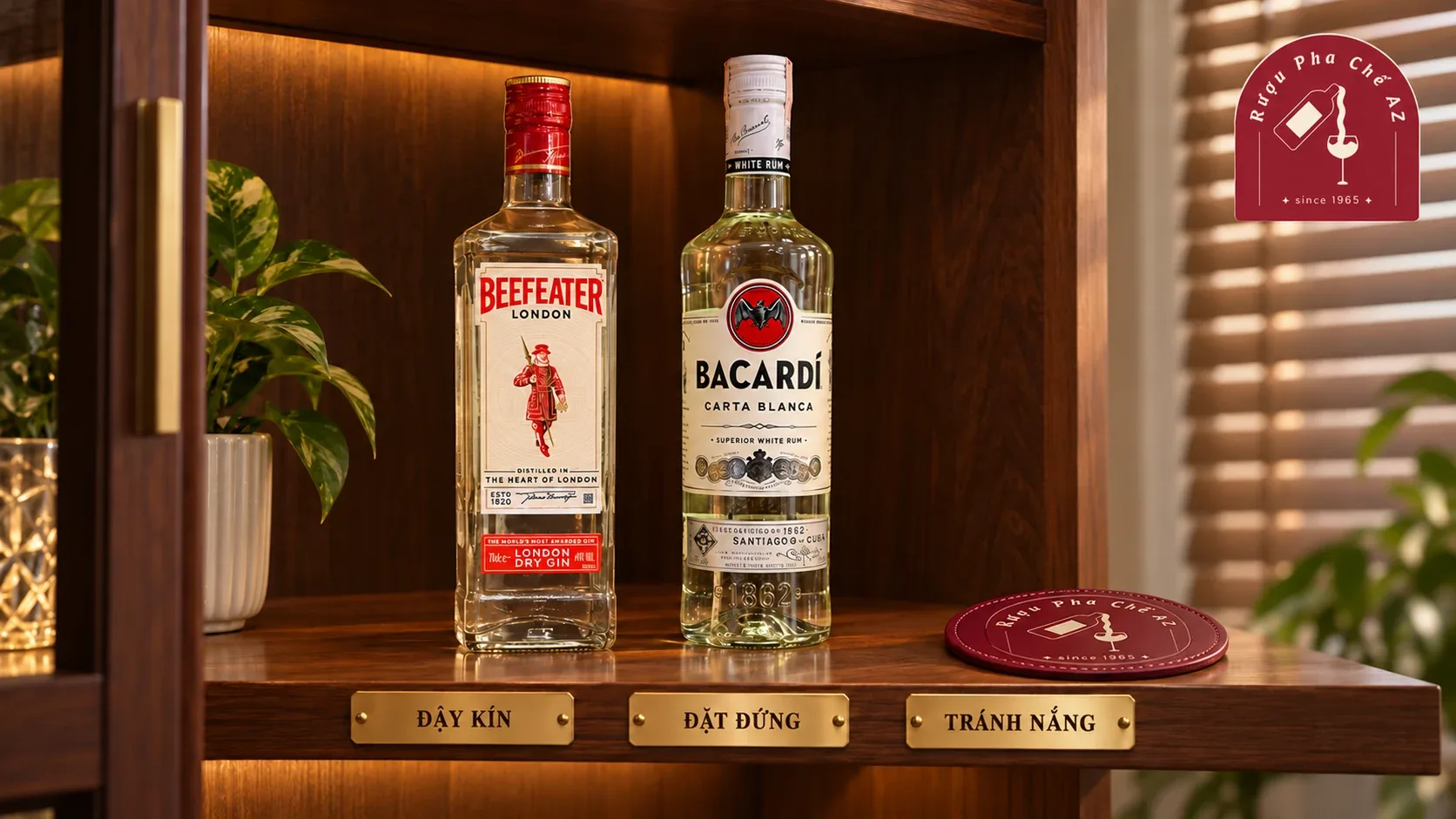 Beefeater Gin và Bacardi White được đậy kín, đặt đứng trong tủ tránh ánh nắng