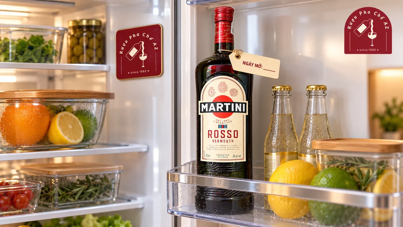 Chai Martini Rosso Vermouth có thẻ ghi ngày mở và được đặt đứng trong tủ lạnh