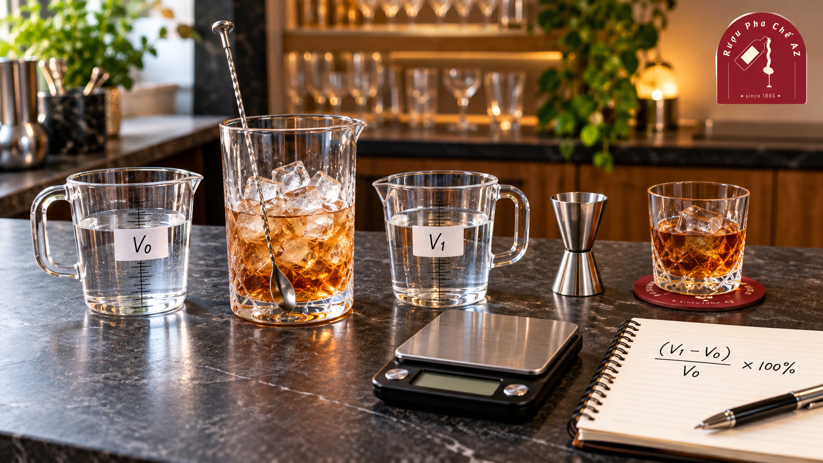 Ca chia vạch V0 và V1, ly khuấy, ca đong và cân dùng để đo độ loãng cocktail