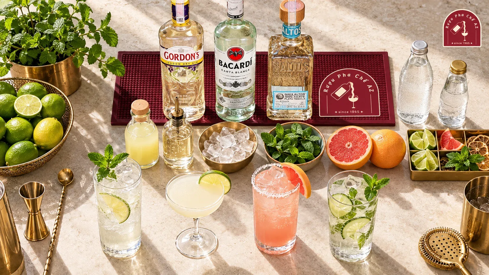 Ba rượu nền cùng chanh siro và soda được sắp xếp để phục vụ nhiều cấu trúc cocktail