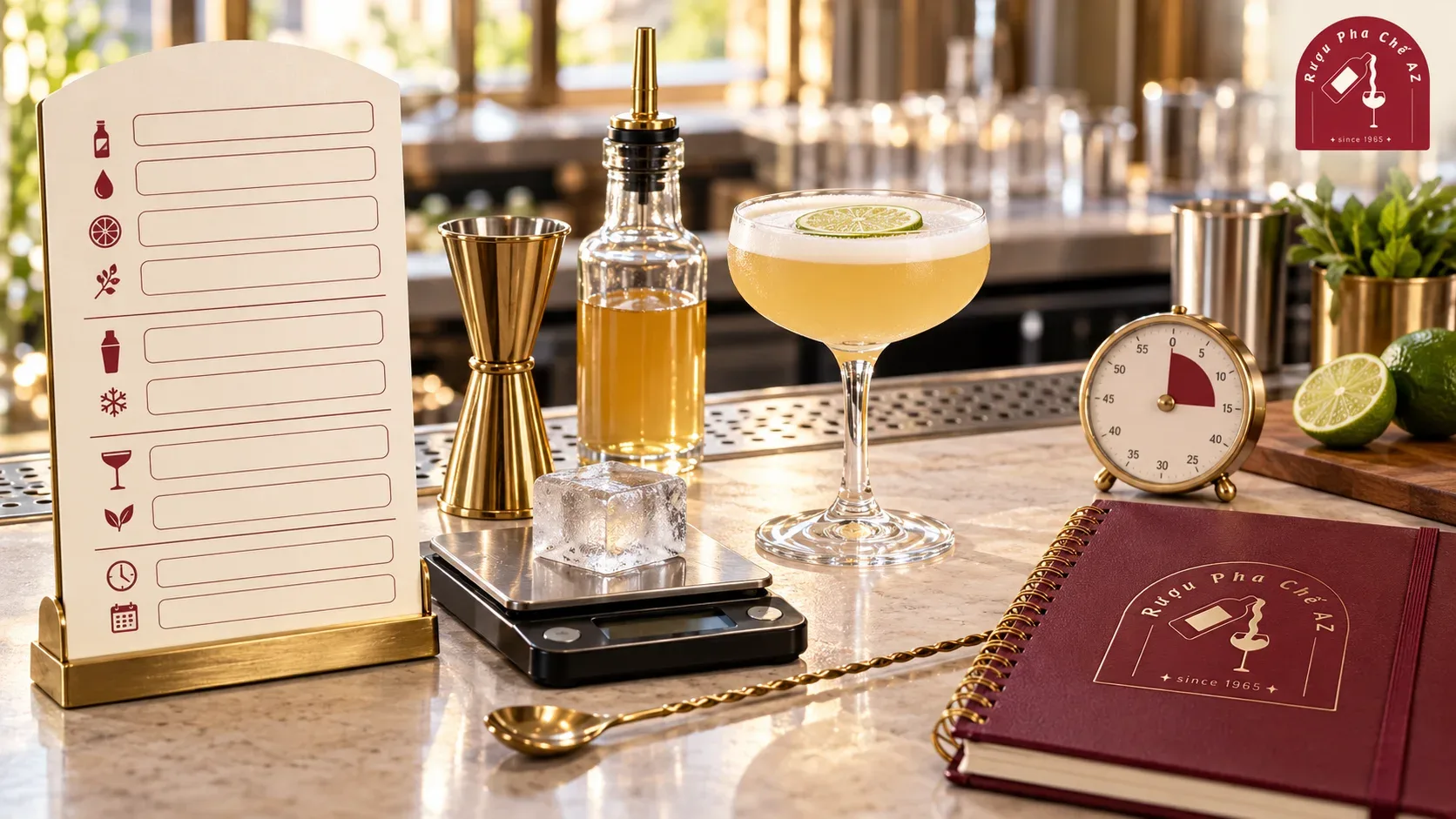 Thẻ công thức cocktail đặt cạnh ca đong ly đá phần trang trí và đồng hồ tại trạm pha chế