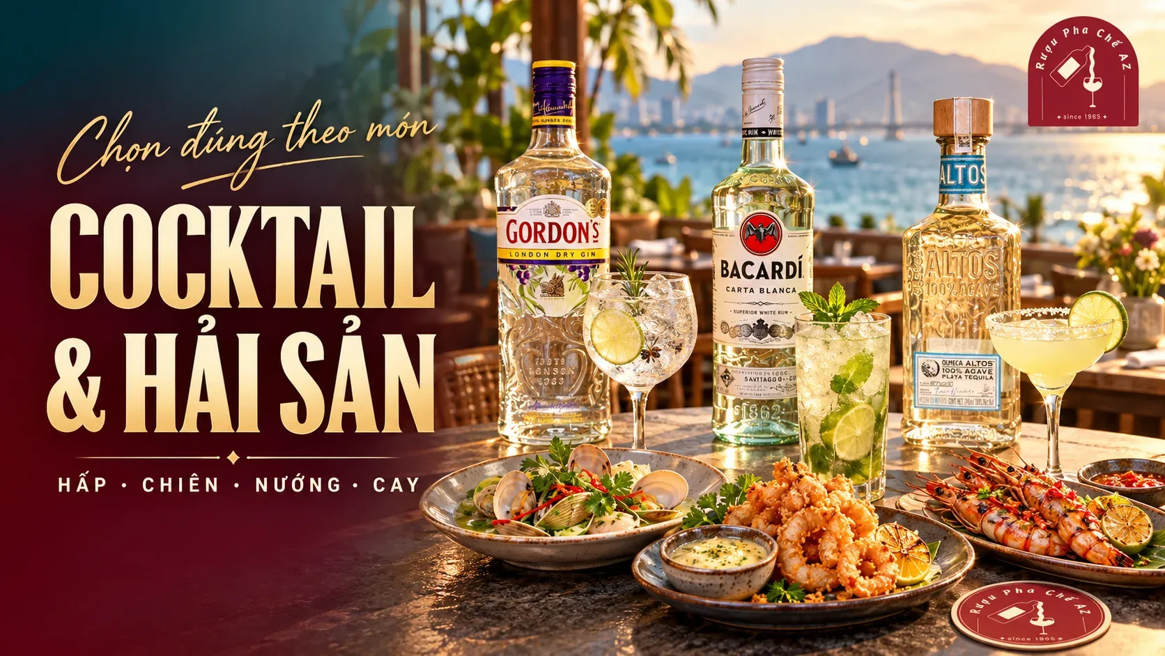Cocktail và ba nhóm rượu nền được đặt cùng các món hải sản hấp chiên và nướng trên bàn nhà hàng ven biển