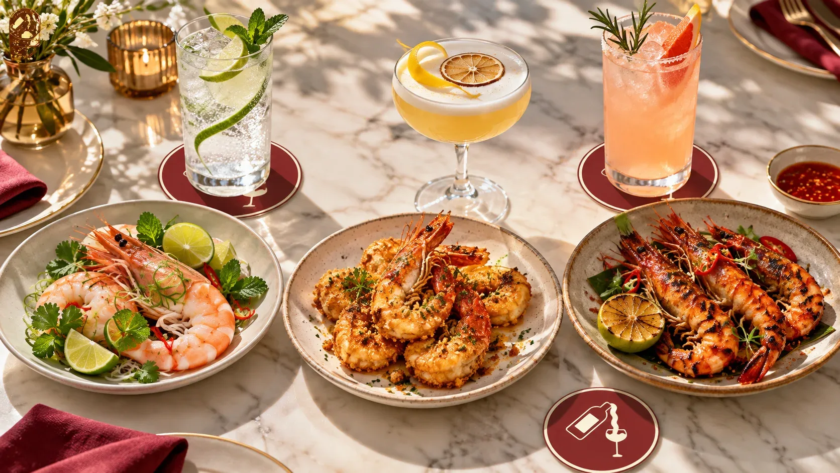 Tôm hấp tôm chiên bơ và tôm nướng cay được đặt cùng ba cấu trúc cocktail khác nhau