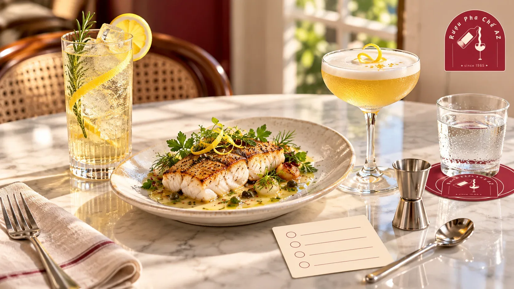 Một món cá nướng được thử cạnh hai cocktail và phiếu đánh giá chưa điền điểm