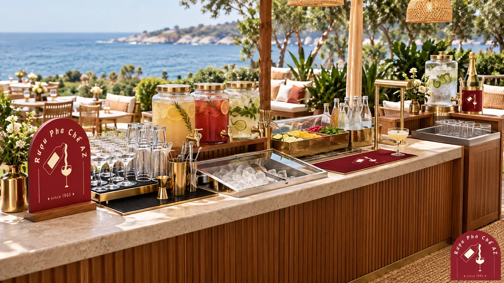 Quầy cocktail ngoài trời bố trí theo luồng menu mẻ pha sẵn đá phần có ga nước và điểm giao ly
