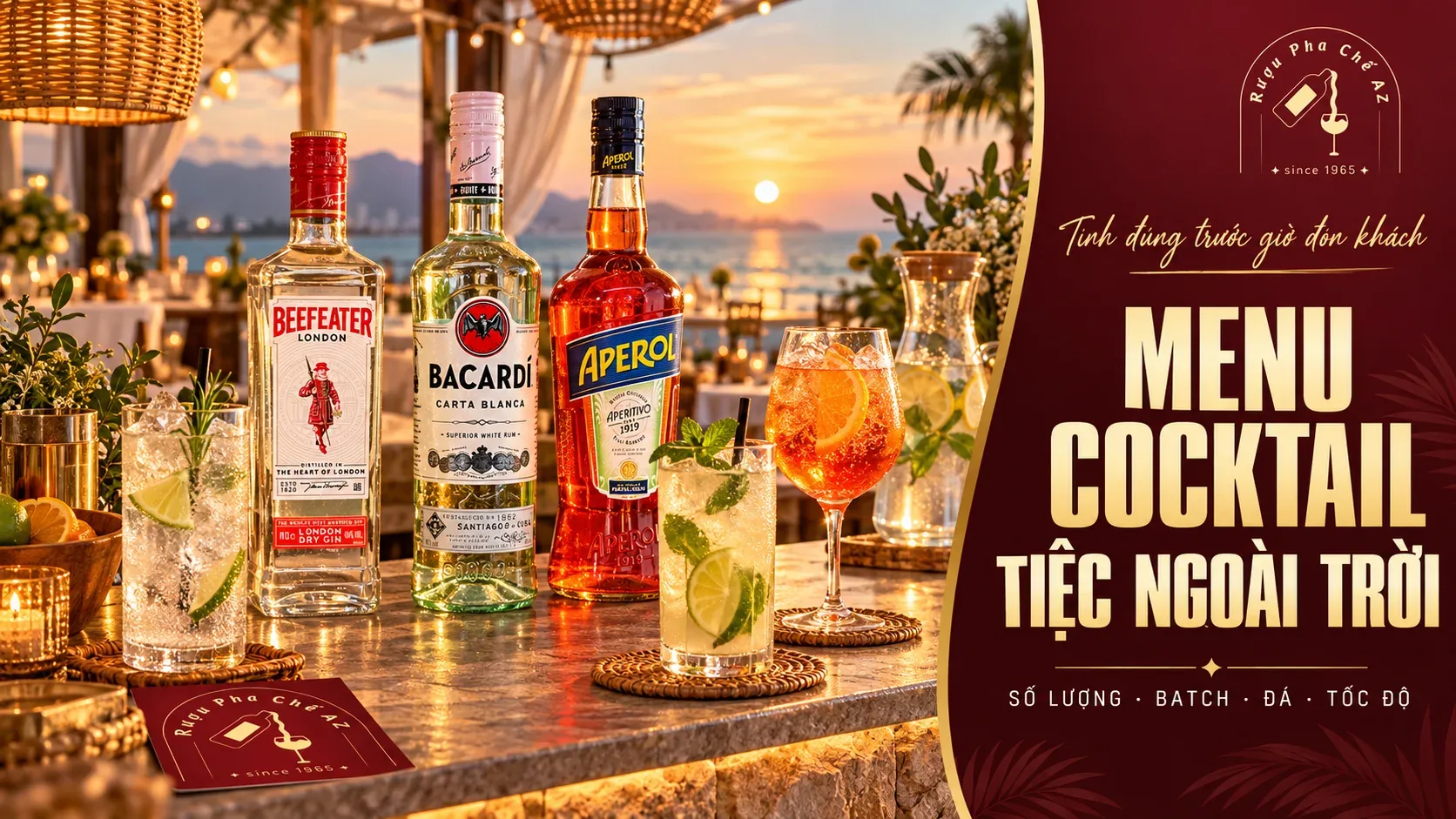 Quầy cocktail tại tiệc ngoài trời ven biển với ba rượu nền và menu được tính theo số lượng mẻ pha đá và tốc độ