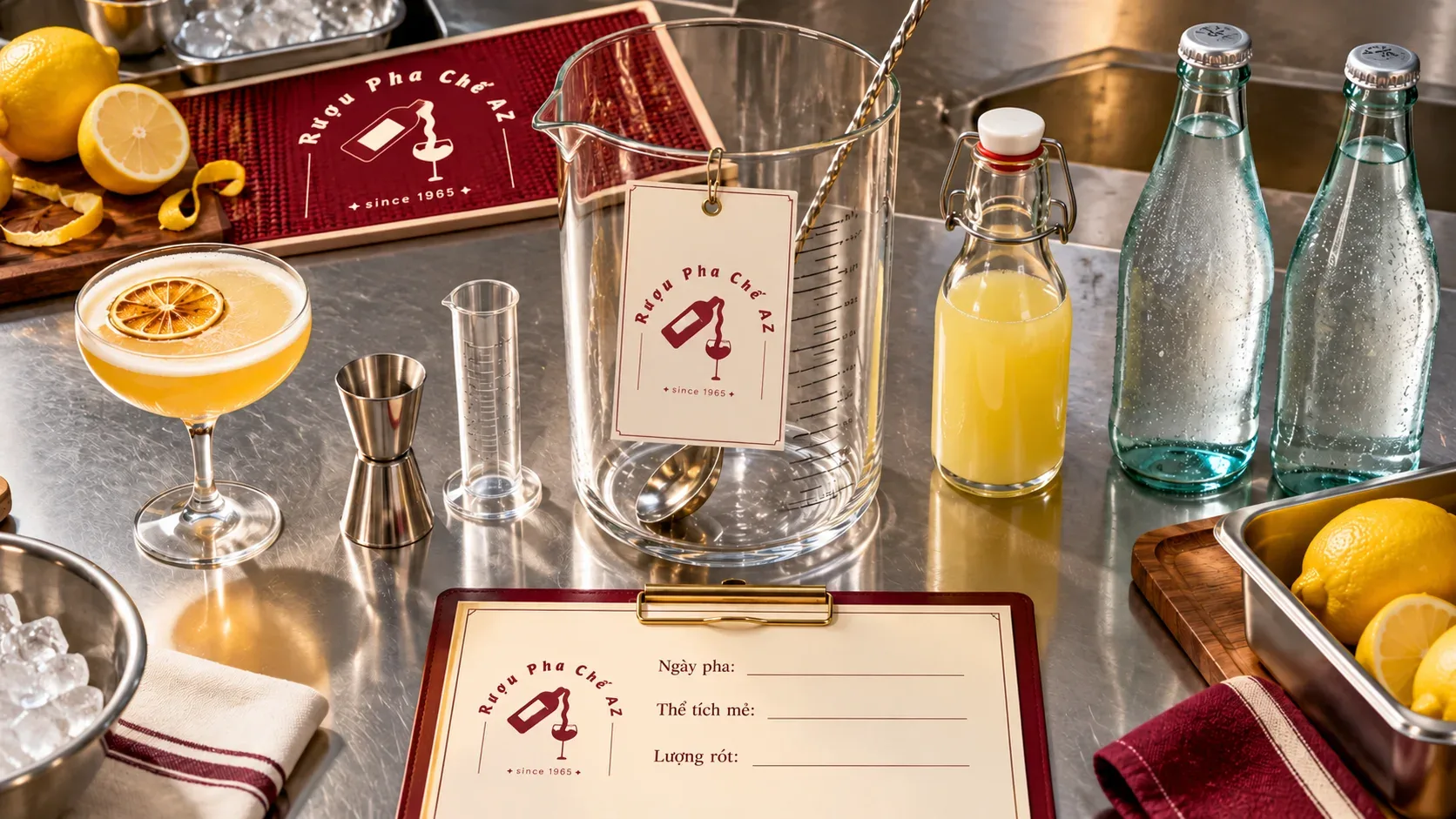 Một ly cocktail chuẩn được chuyển thành bình pha sẵn có định lượng cùng cam chanh và phần có ga để riêng