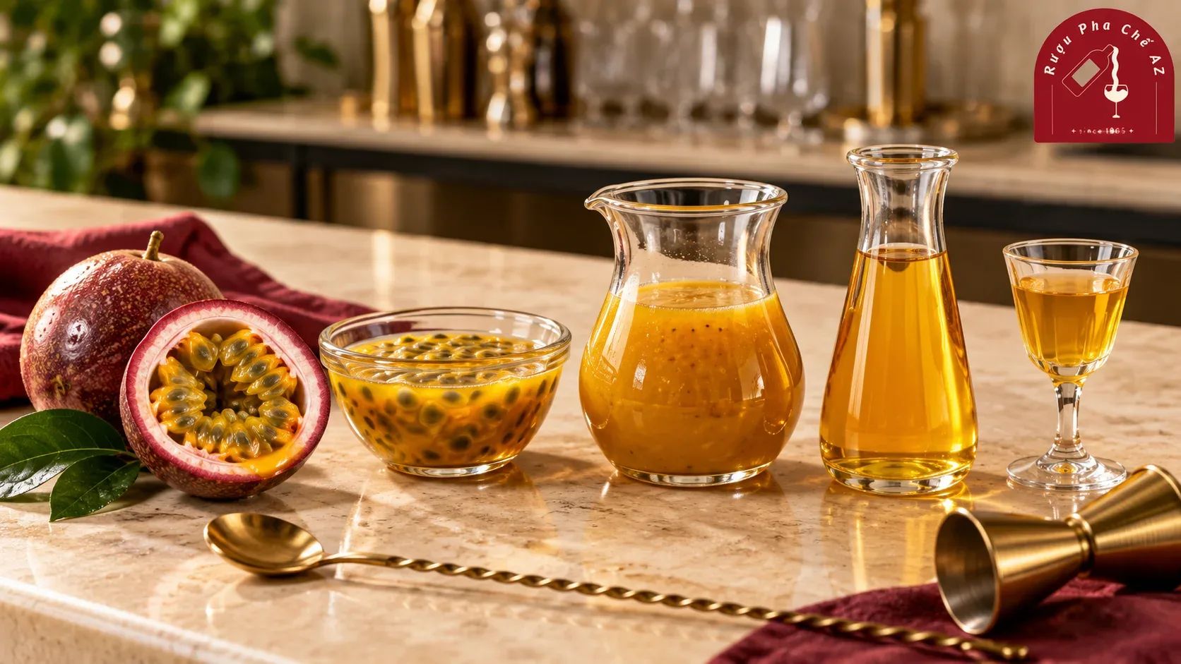 Chanh dây ở dạng quả tươi thịt quả xay nhuyễn siro và nước quả cô đặc trên bàn pha chế