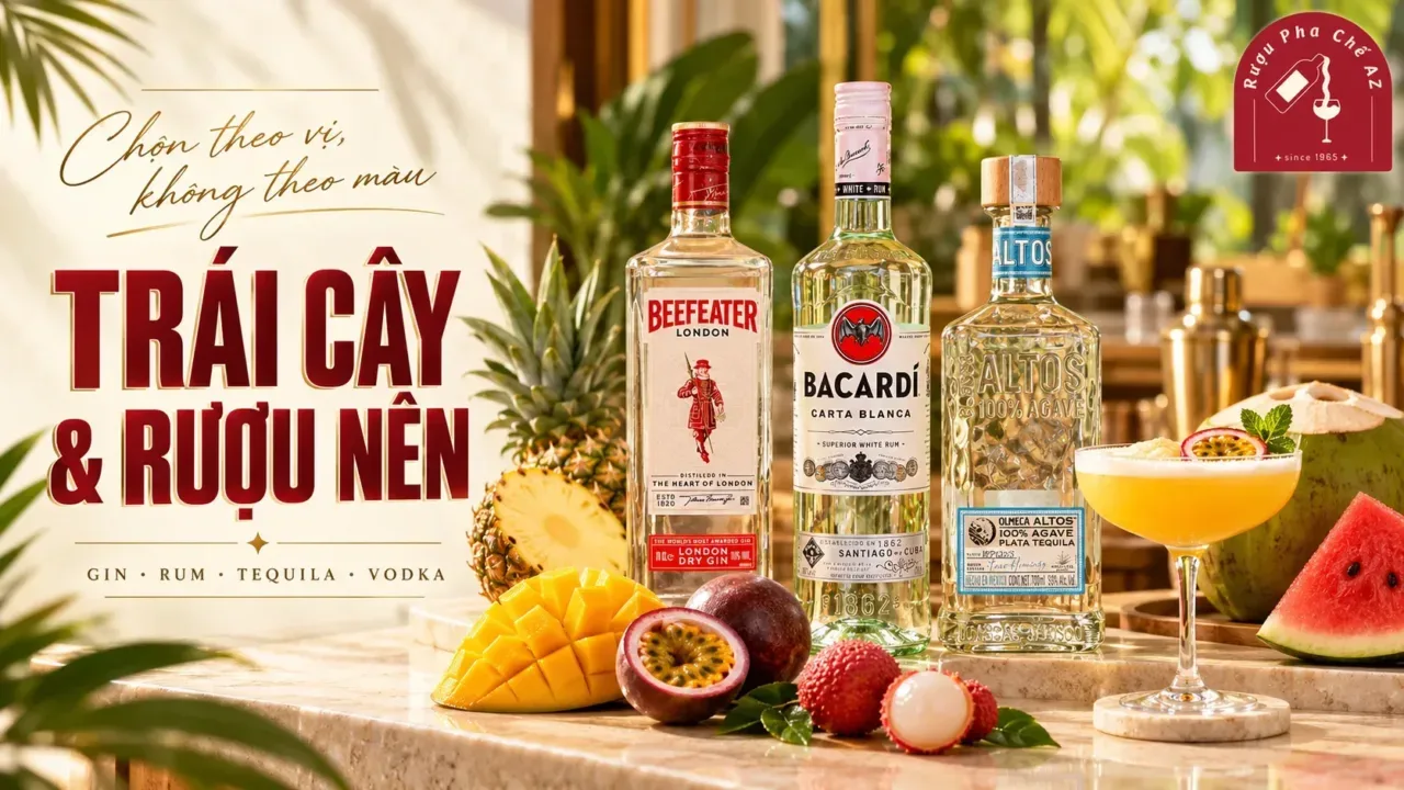 Gin rum và tequila đặt cạnh dứa chanh dây xoài vải dưa hấu và dừa trên bàn pha chế